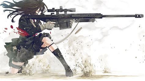 Girls With Guns Long Hair Brunette Anime Gun Blood Sniper Rifle