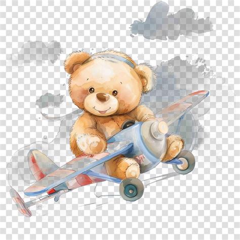 Teddy Bear Flying On A Plane Cartoon Hand Drawn Nuresery Watercolor