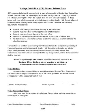 Fillable Online College Credit Plus Ccp Student Release Form Fax