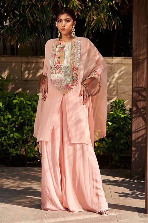 Buy Peach Georgette Embroidered Patchwork Loop Zipper Tunic And Sharara