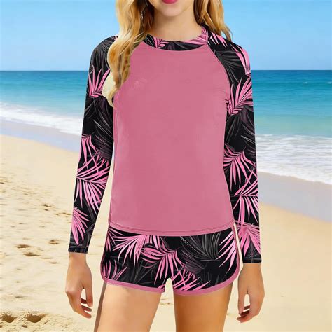 Cethrio Girls' Rash Guard Swimsuits, Printed Beach Long Sleeve 2-piece
