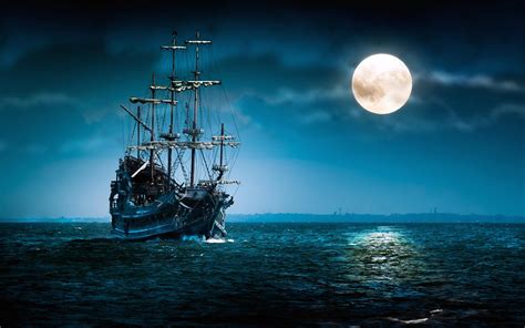 Black Pirate Ship On Sea During Nighttime Hd Wallpaper Wallpaper Flare