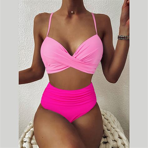 High Waist Bikini Set Sexy Push Up Swimsuit Women Solid Beachwear Tummy