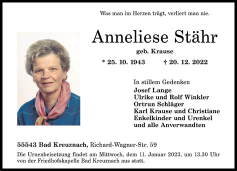 Traueranzeigen von Anneliese Stähr rz trauer de