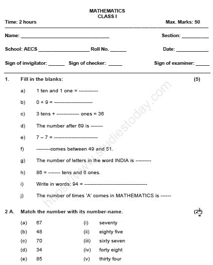 Cbse Class 1 Mathematics Sample Paper Set K Math Addition Worksheets