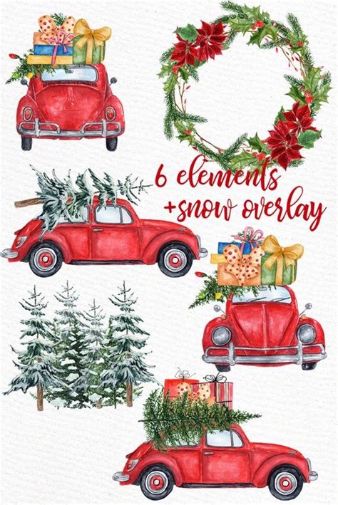 Watercolor Christmas Cars Clipart: christmas Beetle Christmas Red Car Floral Wreath Pine Tree ...