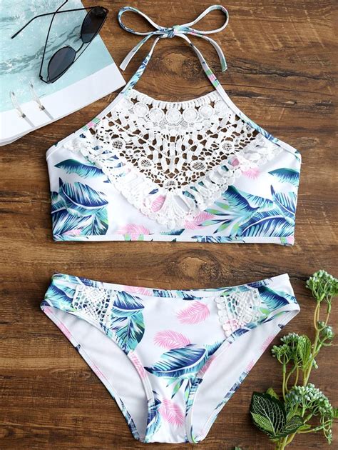 Share Get It Free Lace Appliques Leaves Print Bikini Setfor Fashion