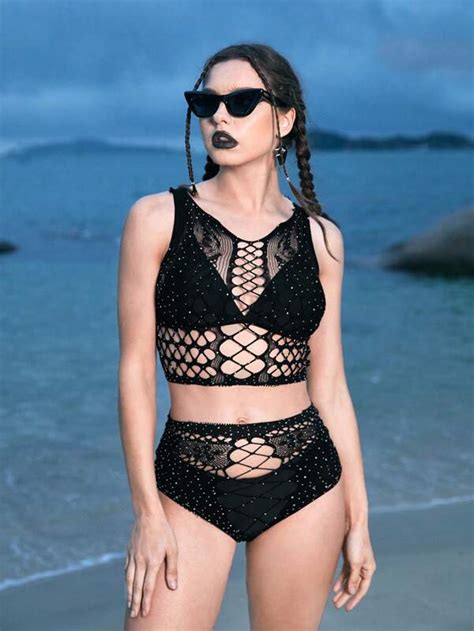 Goth Rhinestone Studded Fishnet Lingerie Set Without Liner Shein Uk