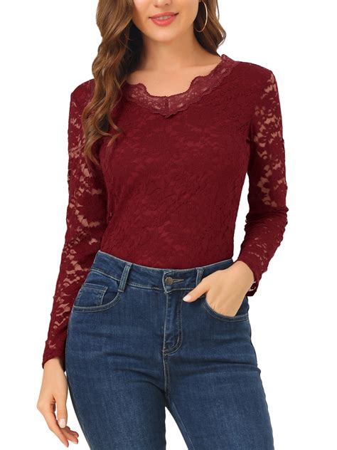 Allegra K Women S Floral Lace Top V Neck Long Sleeve Lace Scalloped Trim Blouse