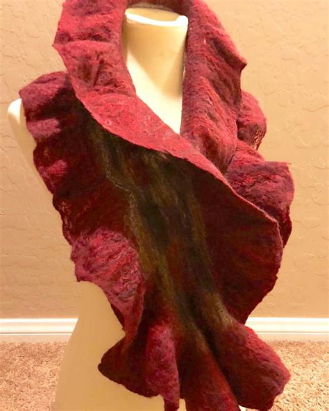 Vintage Red Soft Merino Wool And Mulberry Silk Nuno Felted On Silk