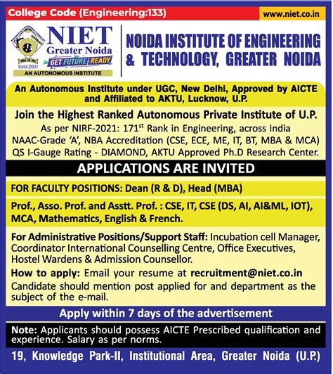 Professor job vacancy at Noida Institute of Engineering and Technology