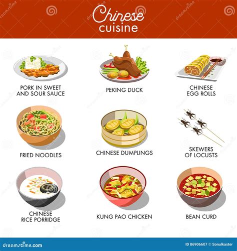 Chinese Cuisine Traditional Dishes Vector Flat Icons Set Stock Vector