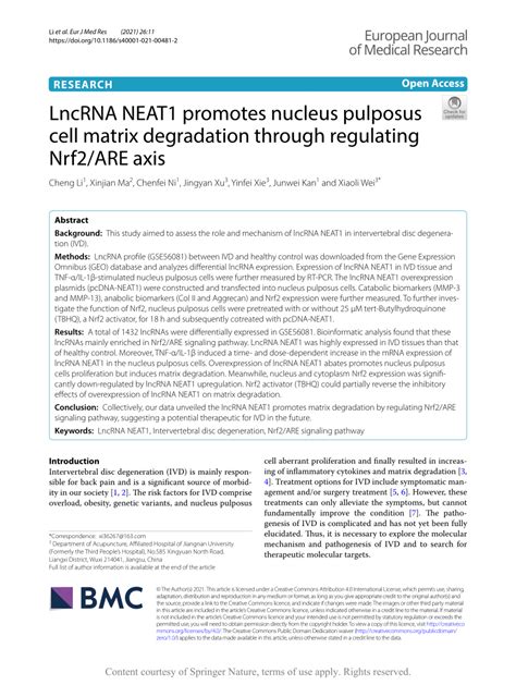 Pdf Lncrna Neat1 Promotes Nucleus Pulposus Cell Matrix Degradation