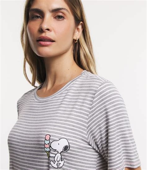 Camisola Curta Em Viscolycra Estampa Snoopy Listras Cinza Branco