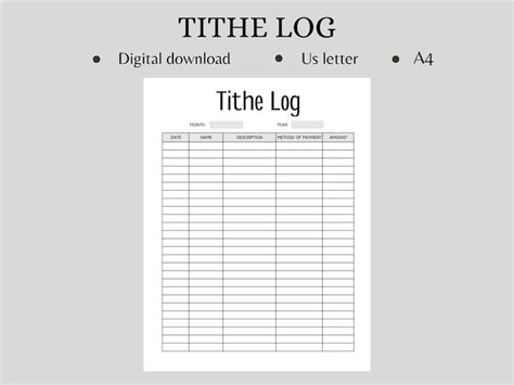 Tithe Log Tracker Printable Tithing Record Church Giving Log Digital