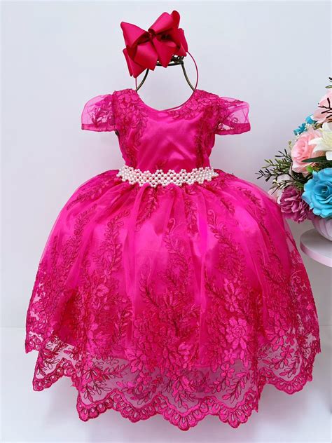 Vestido Infantil Pink Renda Realeza e Cinto e Pérolas Rosa