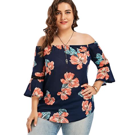 Gamiss Plus Size 5xl Floral Chiffon Off The Shoulder Hawaiian Blouse