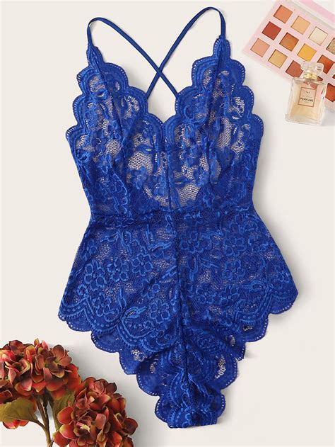 Scallop Floral Lace Teddy Bodysuit Lingerie Shein Usa