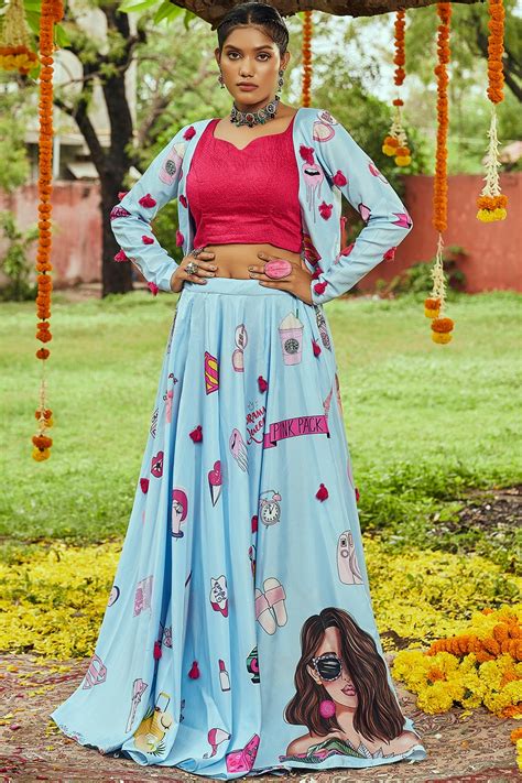 Buy Sky Blue Quirky Printed Cotton Lehenga Set For Navratri Online