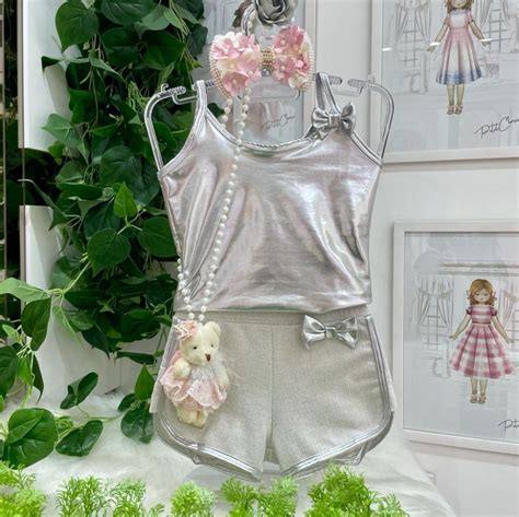 Conjunto Infantil Regata Metalizada E Shorts De Lurex Lacinho Prata