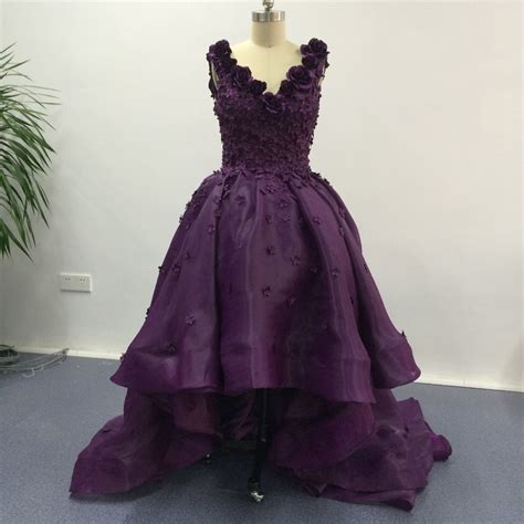 Elegant Purple Deep V Neck Appliqued Floral Short Front Long Back High Low Prom Dresses Lace Up