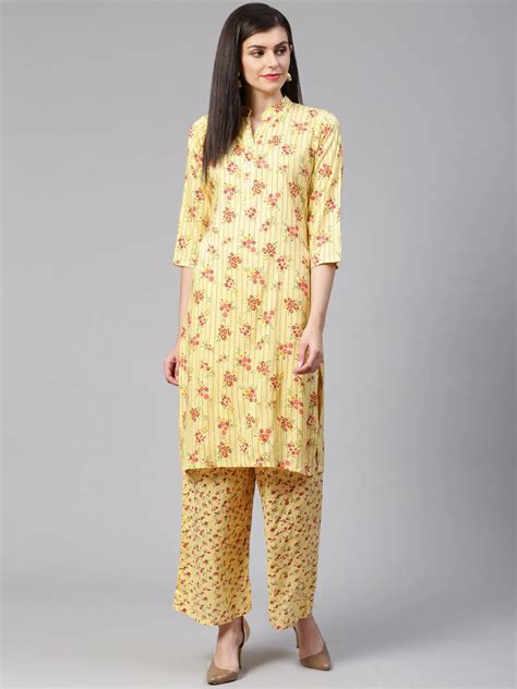 Jompers Women Yellow Coloured And Red Floral Print Kurta With Palazzos Jompers Wholesale