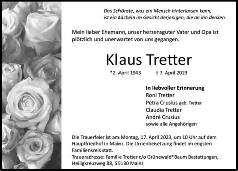 Traueranzeigen Von Klaus Tretter Vrm Trauer De