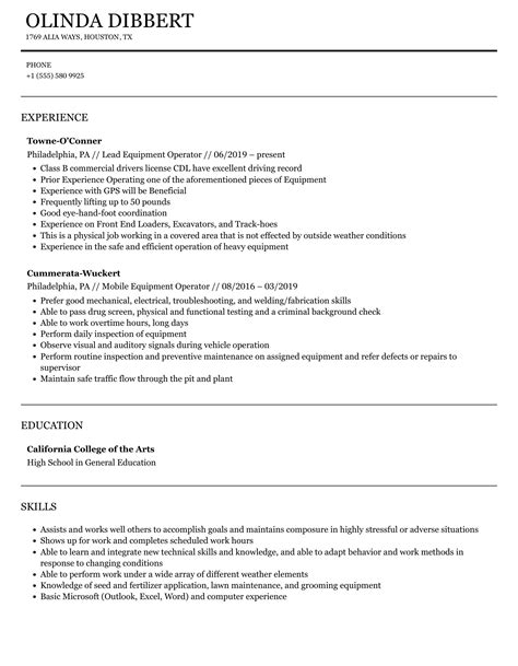 Equipment Operator Resume Samples | Velvet Jobs