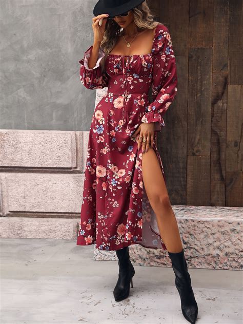 Shein Vcay Floral Print Flounce Sleeve Tie Front Split Thigh Dress