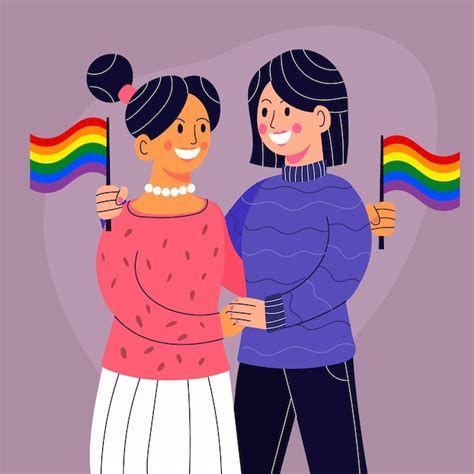 Premium Vector Flat Design Lesbian Couple With Lgbt Flag Illustrated