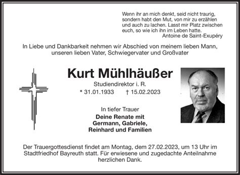 Traueranzeigen von Kurt Mühlhäußer Nordbayerischer Kurier