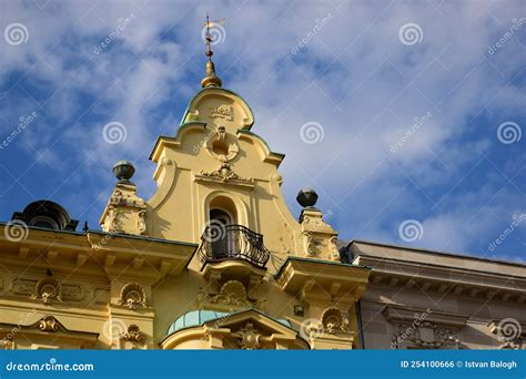 Decorative Yellow Stucco Baroque Building Facade Detail Stock Photo