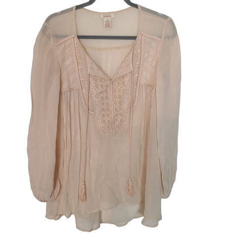 Sundance Womens S Nude Long Sleeves Tasseled Tie Neck Beaded Peasant Blouse EBay