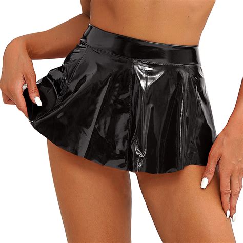 Iefiel Sexy Damen Wetlook Leder Rock Minirock Stretch Party Mit