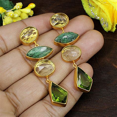 Peridot Earring Green Crackle Quartz Gemstone Crystal Earring Gold Plated Brass Jewelry Long