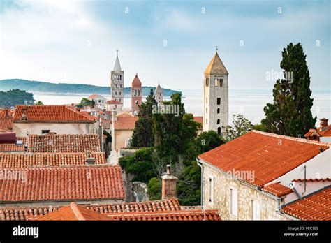 View Of The Town Of Rab Croatian Tourist Resort Famous For Its Four