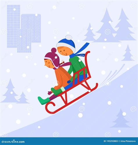 Children Sledding Down The Hill Stock Vector Illustration Of Sled