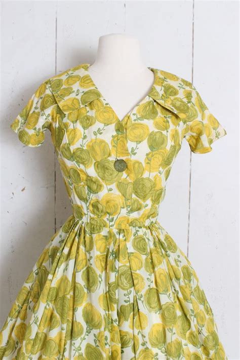 Sale Vintage 1950s 50s Dress Yellow Green Silk Rose Etsy Rose Print Dress Vintage Dresses