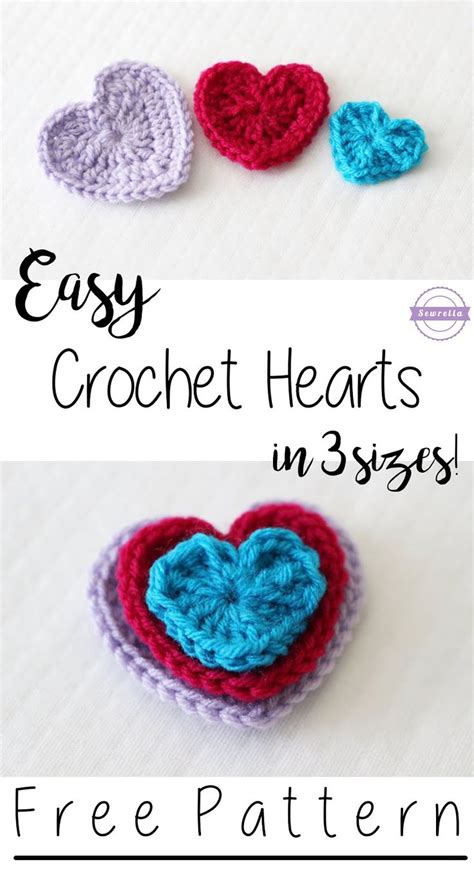 Three Crocheted Hearts With The Text Easy Crochet Hearts In 3 Sizes