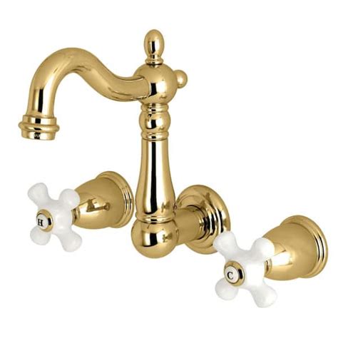 Kingston Brass Heritage 2 Handle Wall Mount Bathroom Faucet In Polished Brass Hks1222px The