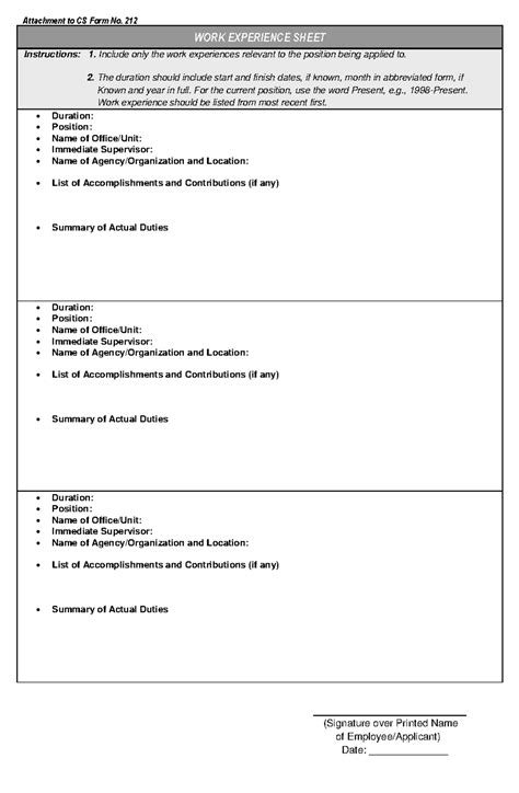 Work Experience Sheet Guidelines