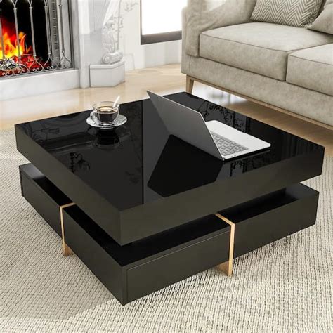 Zeus And Ruta Modern High Gloss Black Square Coffee Table With 4 Drawers Multi Storage Wood