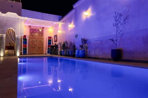 Illuminated Swimming Pool at Night in a Hotel in Morocco Stock Photo ...