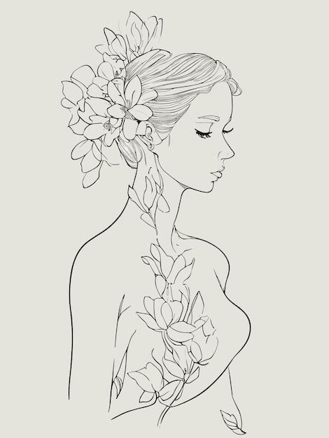 Un Dibujo De Una Mujer Con Flores En La Cabeza Vector Premium