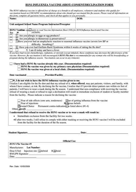 H1n1 Influenza Vaccine (Shot) Consent/declination Form printable pdf ...