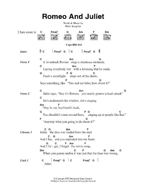 Romeo And Juliet By Dire Straits Sheet Music For Guitar Chords Lyrics