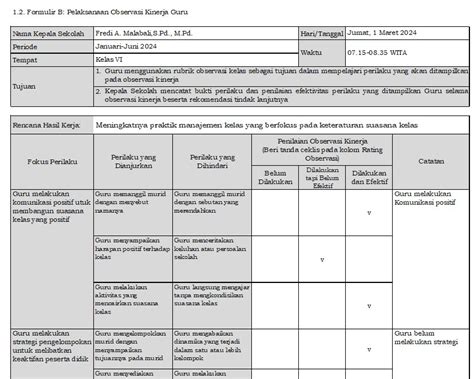 Contoh Formulir B Observasi Kelas Pengelolaan Kinerja Guru Masoyit