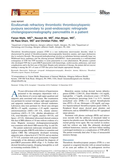 PDF Eculizumab Refractory Thrombotic Thrombocytopenic Purpura