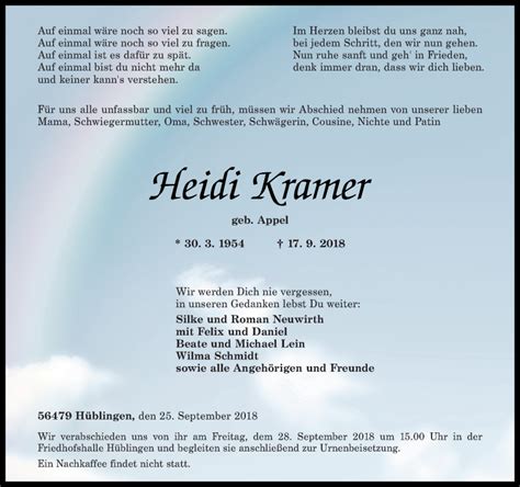 Traueranzeigen Von Heidi Kramer Rz Trauer De