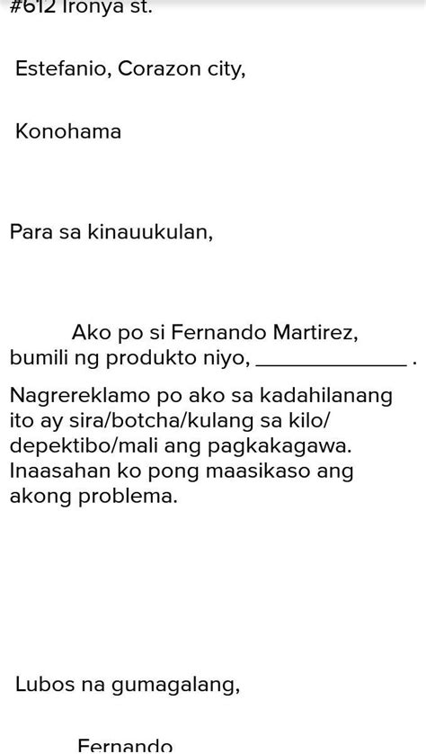 Gumawa Ng Kaukulang Letter Of Complaint Na Ipararating Sa Kinauukulang